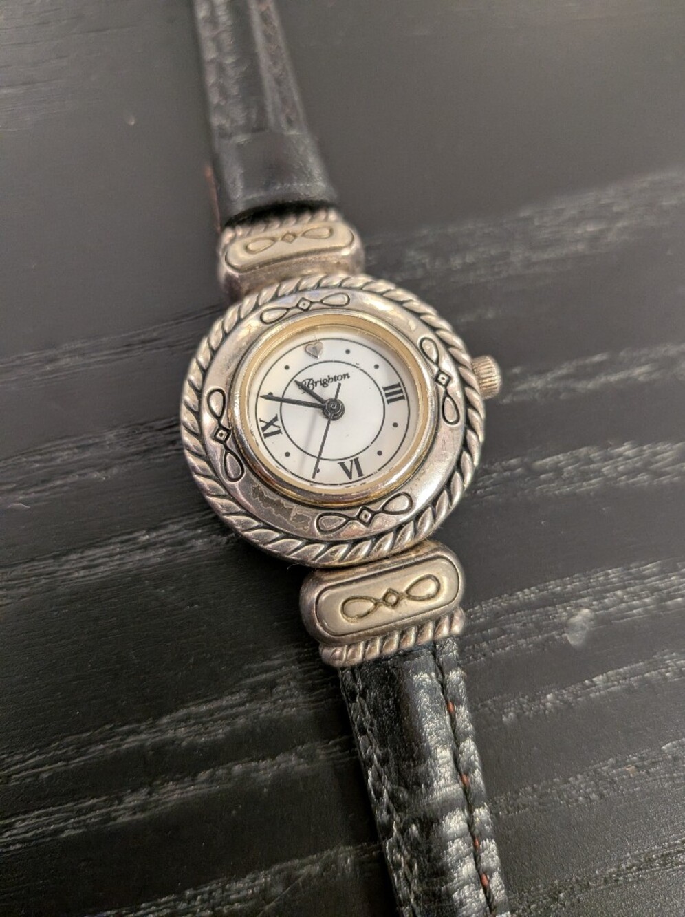 Brighton Cody  Silver-Tone Round Reversible Leather Strap Watch - Black & Silver